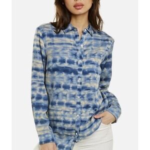 J Mclaughlin women’s Lois Button Up Tye Dye Blouse Shirt Med Tencel Blue White